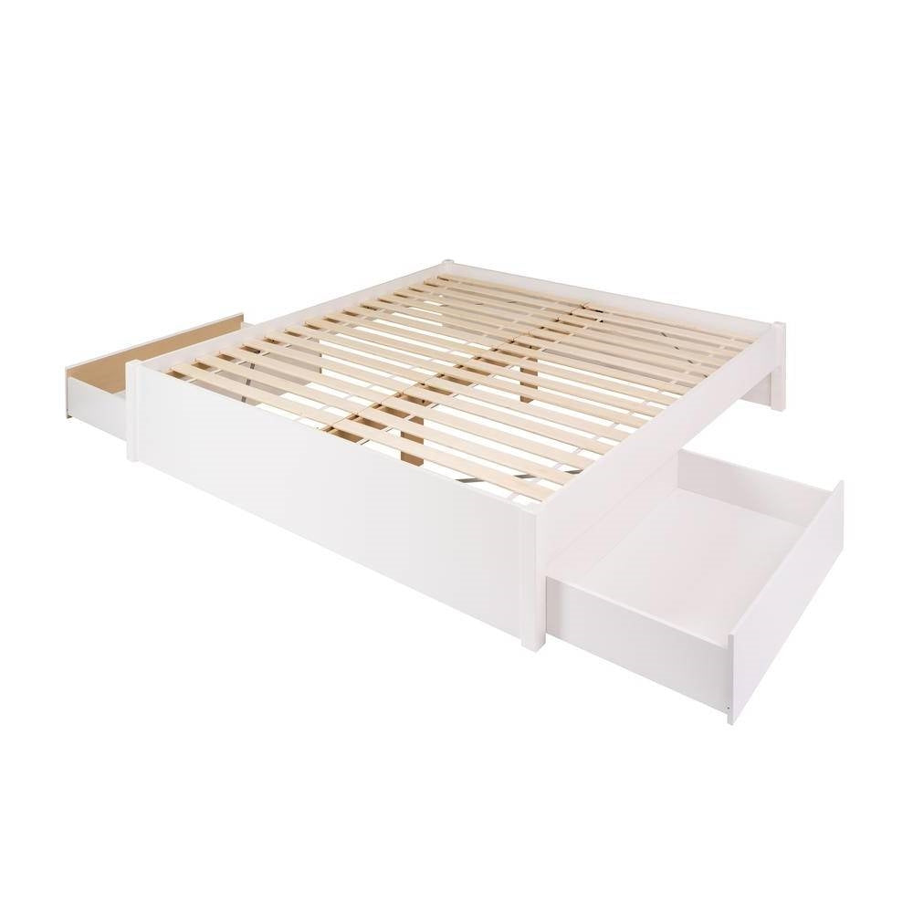 King Size 2 Drawer Storage White Wooden 4 Post Platform Bed Frame-1