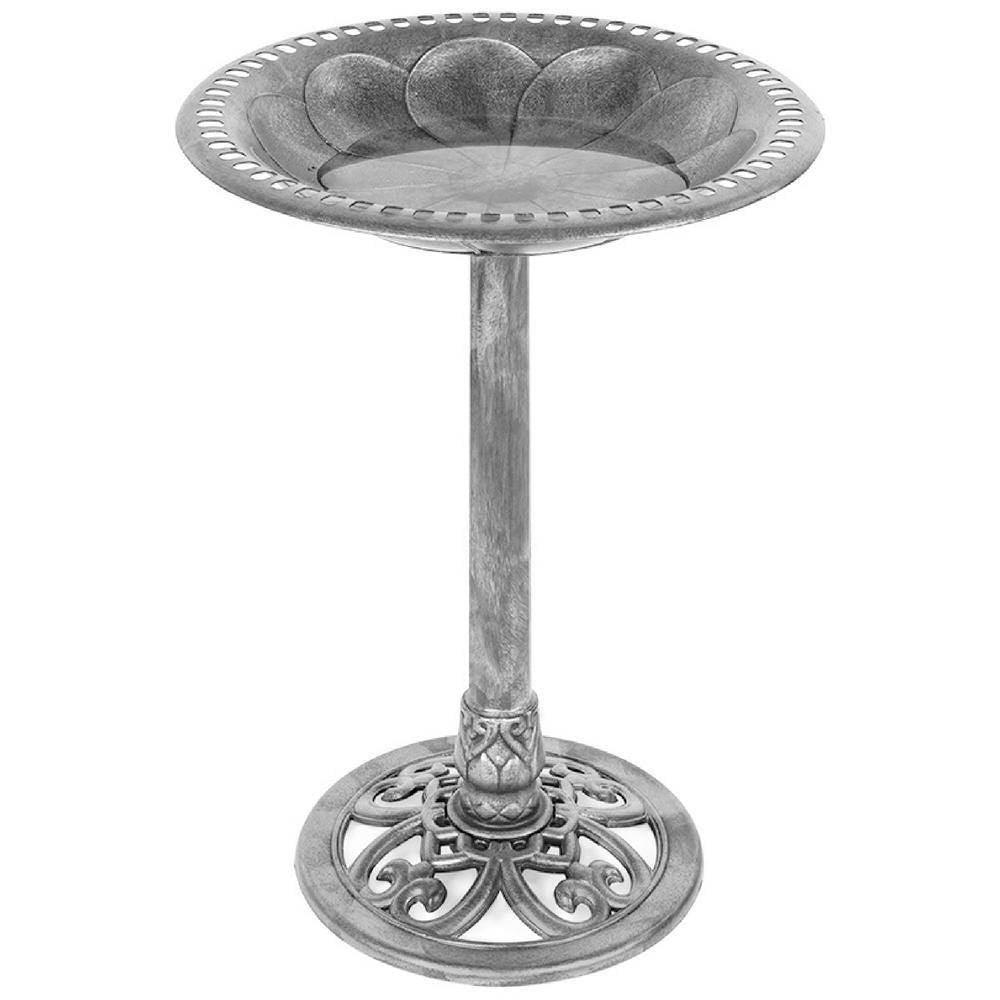 Outdoor Weather Resistant Polyresin Bird Bath in Rustic Aged Silver Finish - PRHOMZ