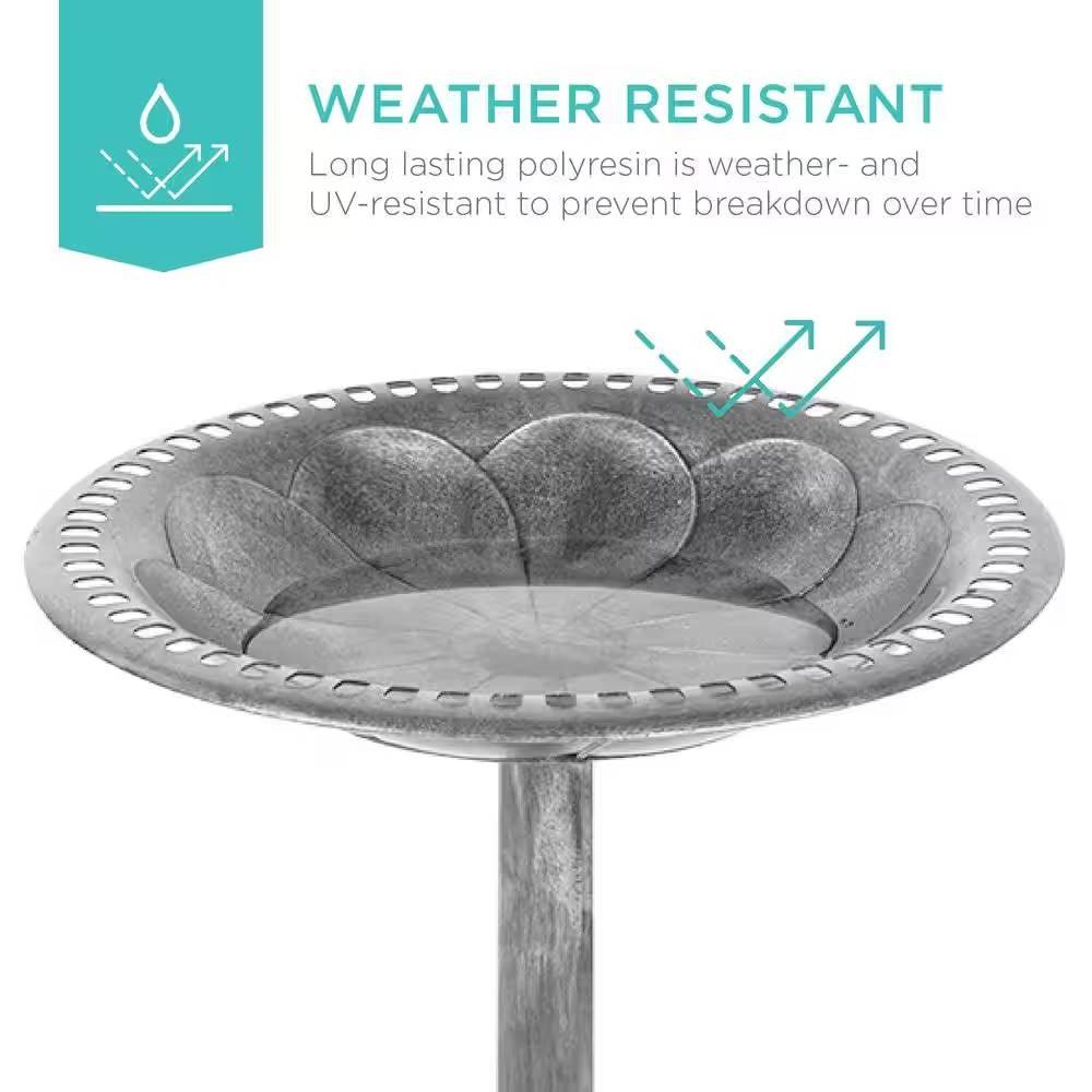 Outdoor Weather Resistant Polyresin Bird Bath in Rustic Aged Silver Finish - PRHOMZ