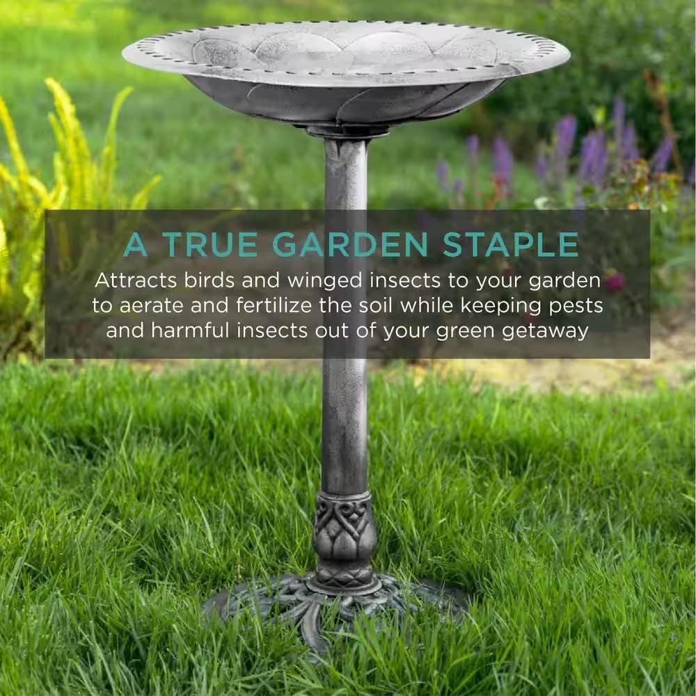 Outdoor Weather Resistant Polyresin Bird Bath in Rustic Aged Silver Finish - PRHOMZ