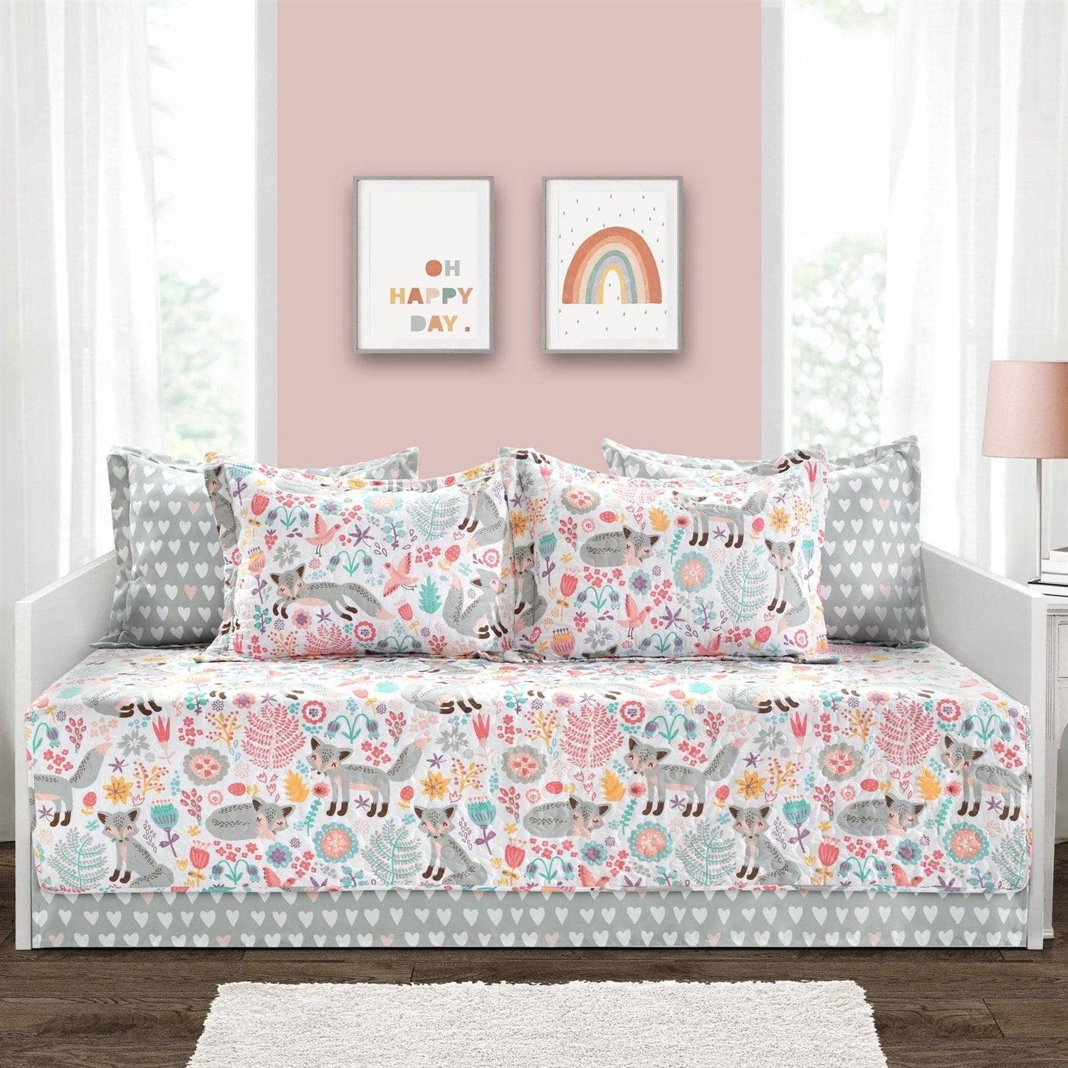 Pink Teal Orange Grey 6 Piece Floral Foxes Daybed Cover Bedding Set - PRHOMZ