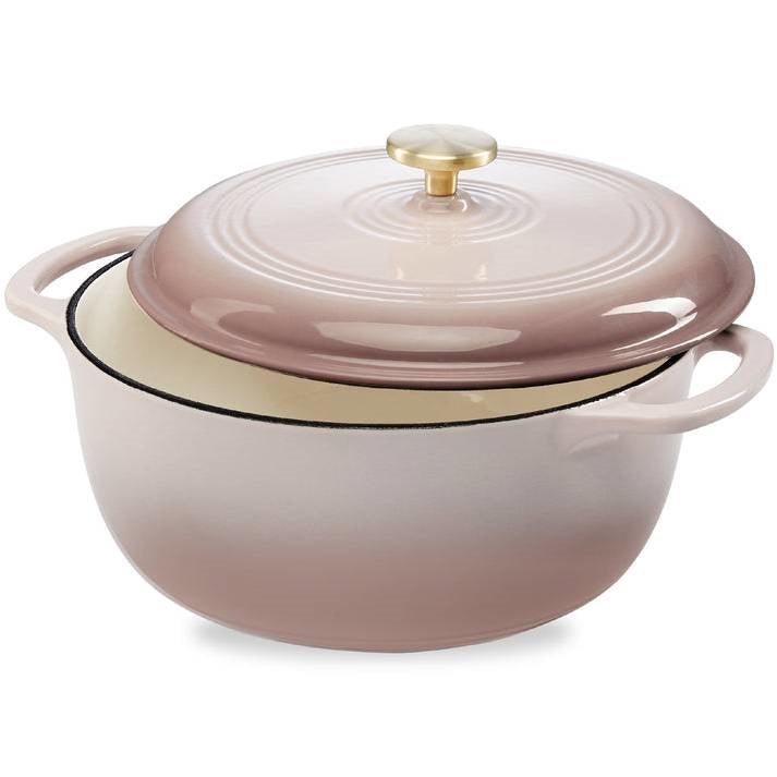 6 Quart Large Pink Beige Off-White Enamel Cast-Iron Dutch Oven Kitchen Cookware - PRHOMZ