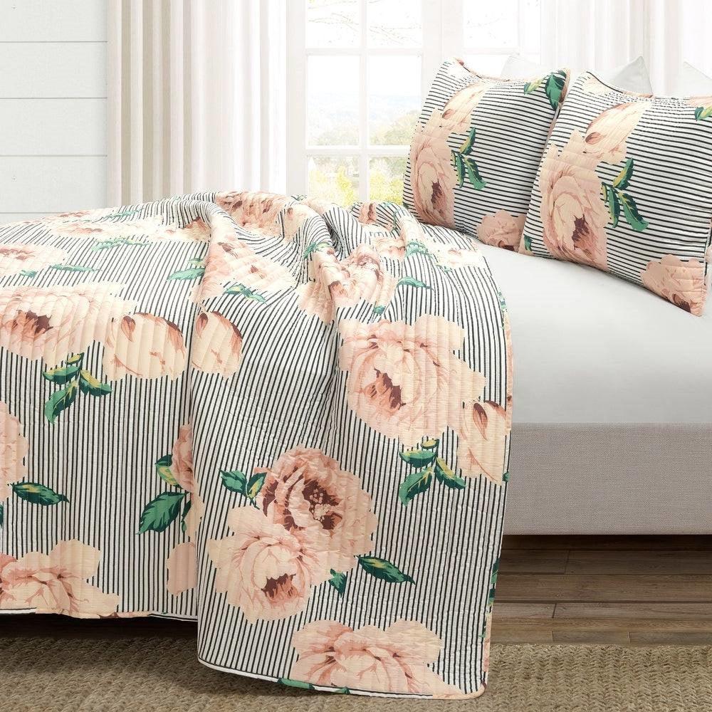 King Size Polyester Black White Striped Rose Floral 3 Piece Quilt Set - PRHOMZ
