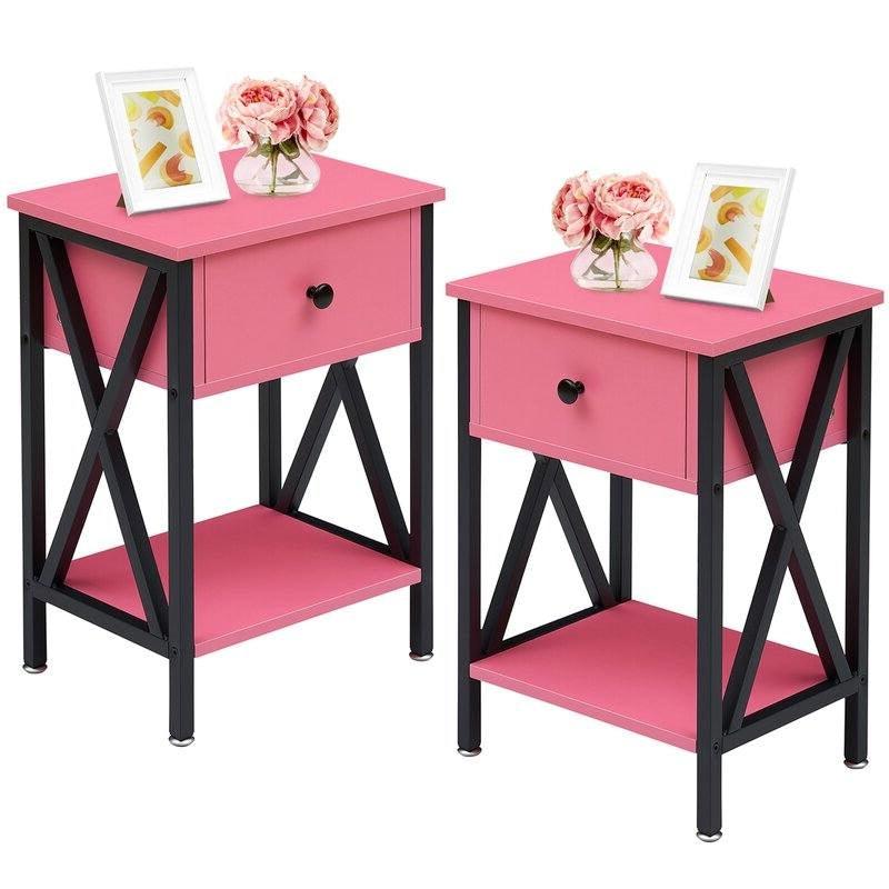 Set of 2 - 1-Drawer Nightstand Bedside Table in Pink and Black - PRHOMZ