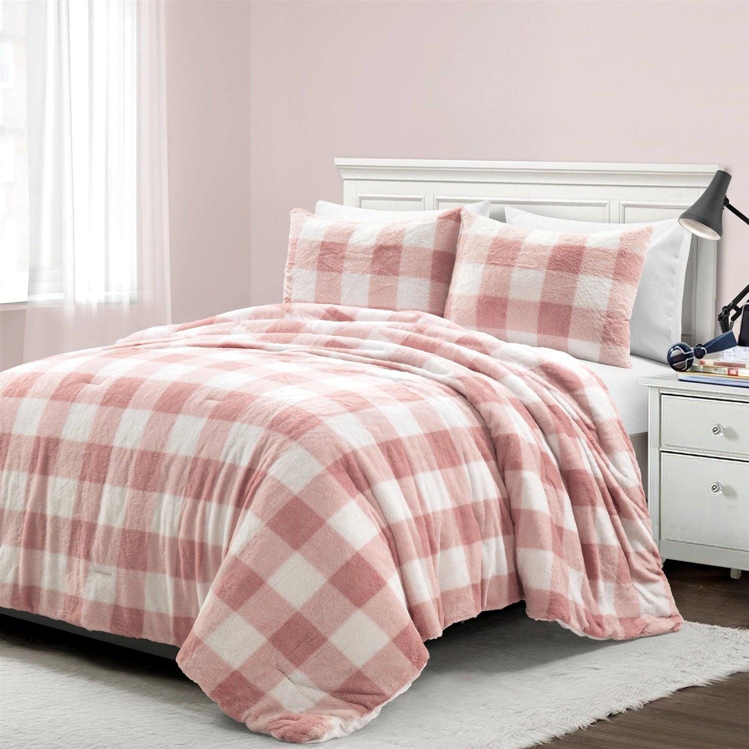 Twin Size Plaid Soft Faux Fur Comforter Set in Pink Blush - PRHOMZ