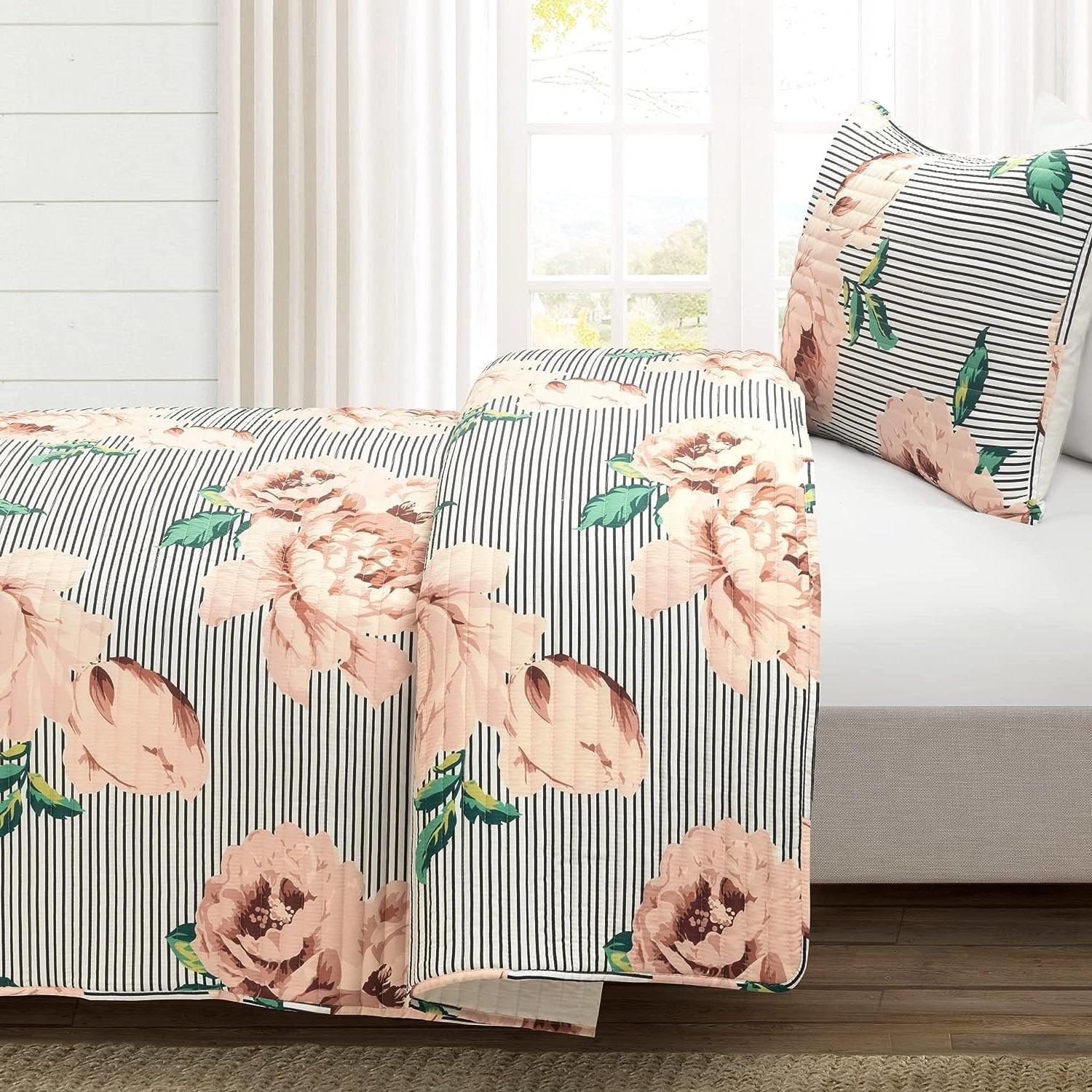Twin/Twin XL Size Polyester Black White Striped Rose Floral 2 Piece Quilt Set - PRHOMZ