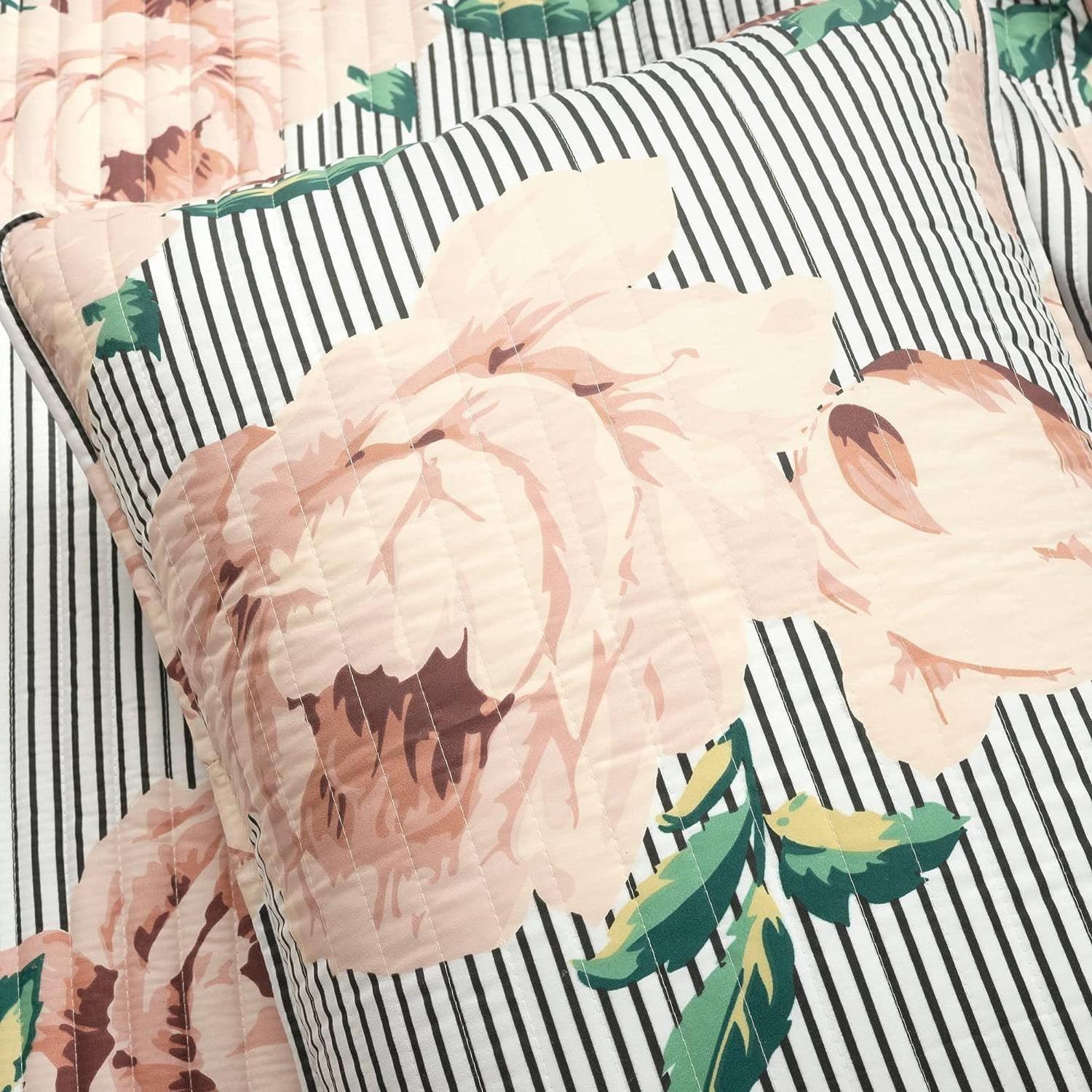 Twin/Twin XL Size Polyester Black White Striped Rose Floral 2 Piece Quilt Set - PRHOMZ