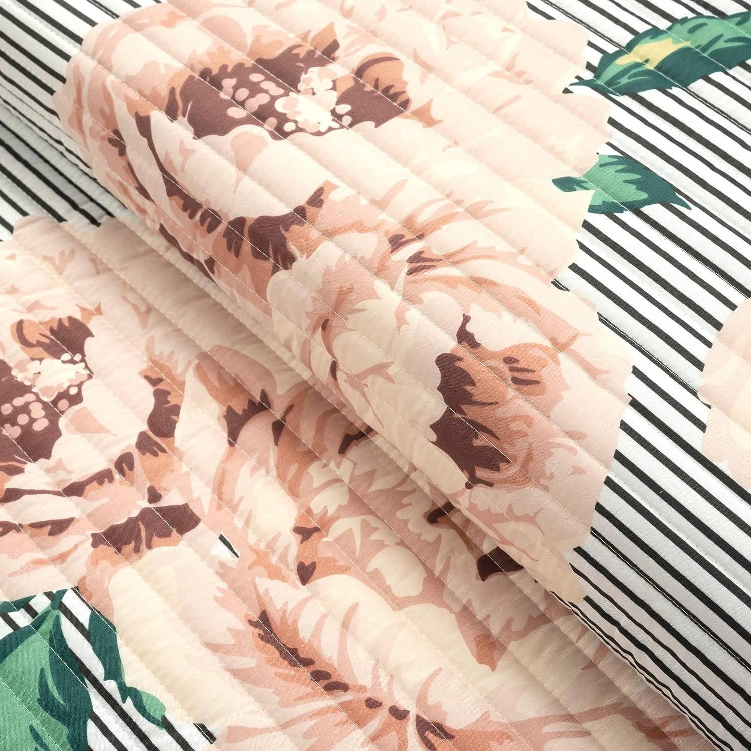 Twin/Twin XL Size Polyester Black White Striped Rose Floral 2 Piece Quilt Set - PRHOMZ