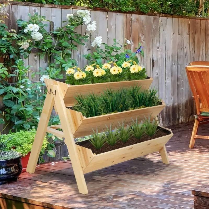 3-Tier A Frame Fir Wood 3 Elevated Planter Box Raised Garden Bed - PRHOMZ