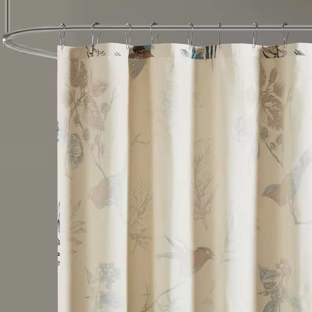 72-inch Beige Khaki Cotton Shower Curtain with Vintage Birds Leaf Floral Print - PRHOMZ