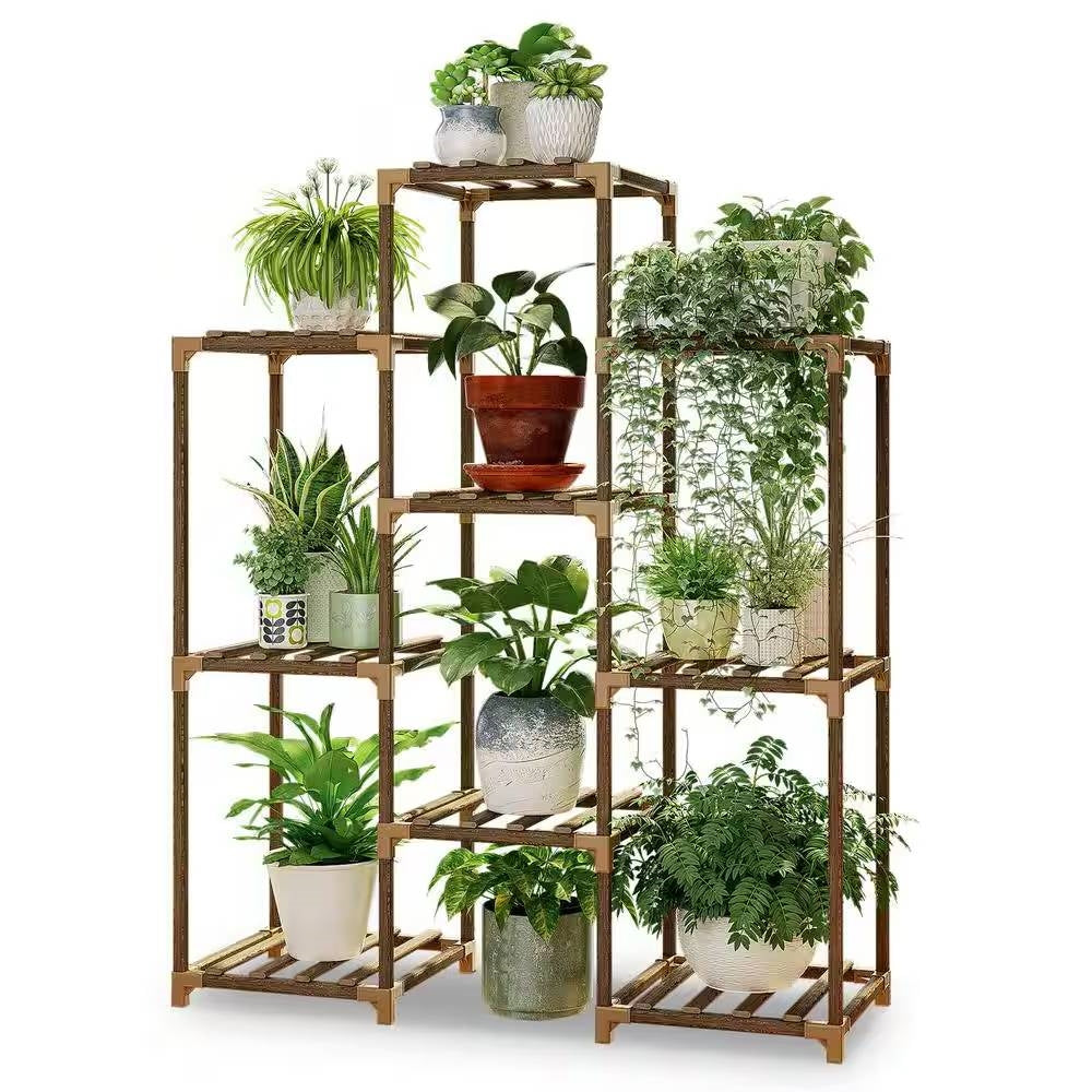 Natural Wood Bookcase Plant Stand Shelving Rack - Holds up to 9 Planters