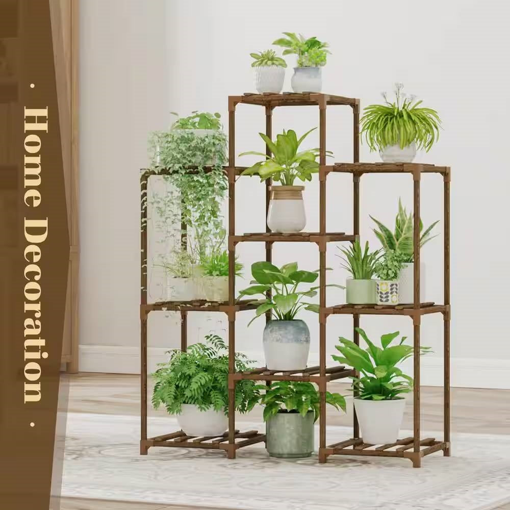 Natural Wood Bookcase Plant Stand Shelving Rack - Holds up to 9 Planters-1