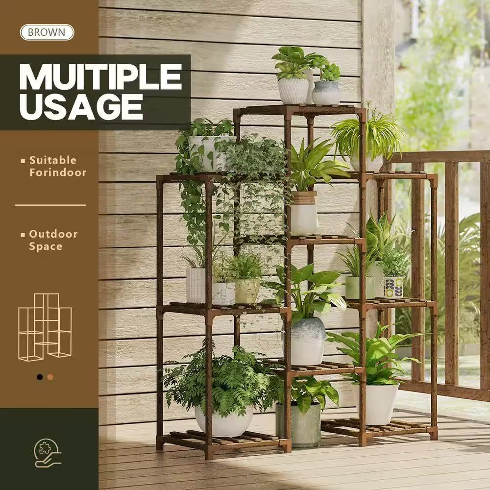 Natural Wood Bookcase Plant Stand Shelving Rack - Holds up to 9 Planters-2