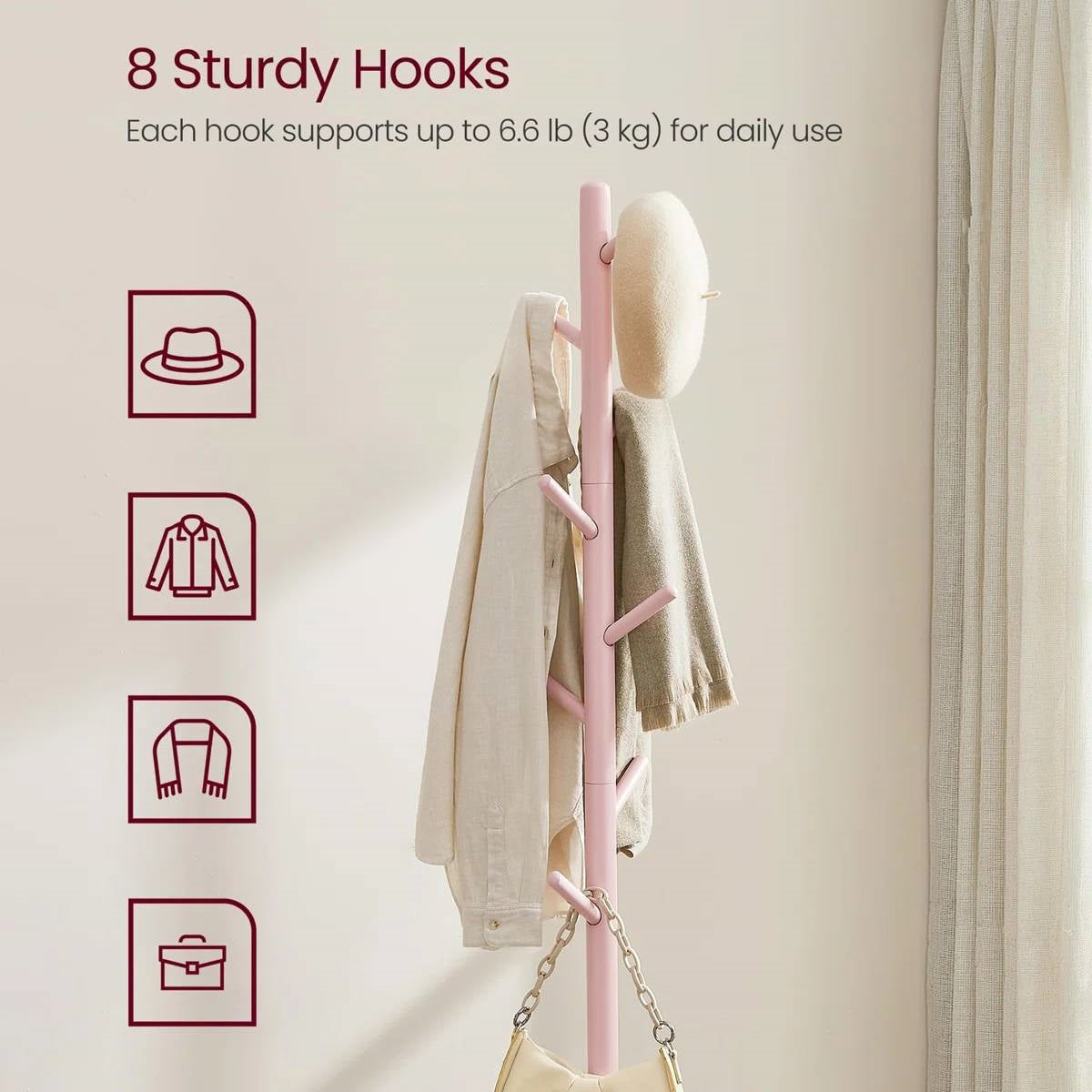 Modern Solid Wood Coat Rack Entryway Hall Tree Hat Stand in Pink