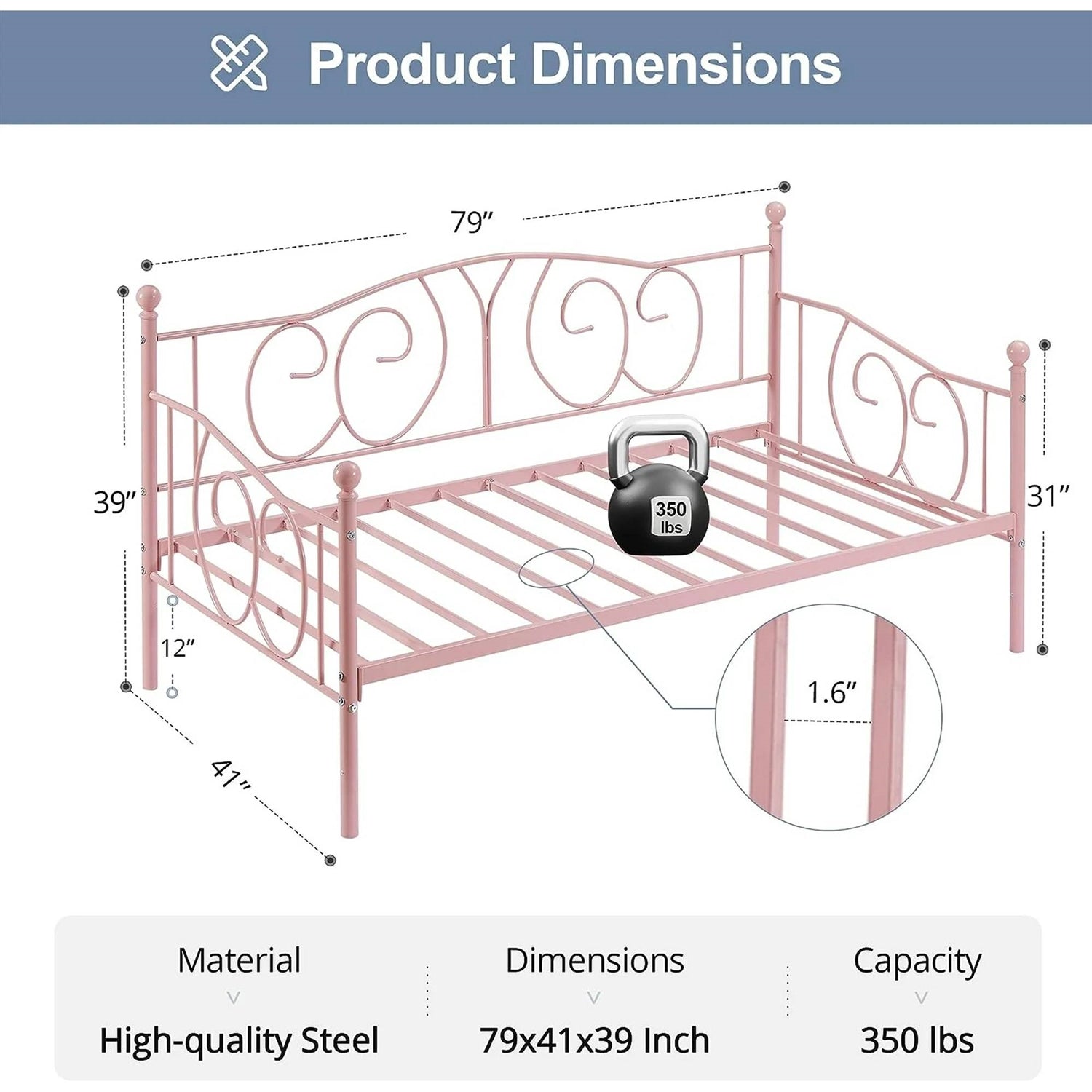 Twin size Victorian Pink Metal Daybed Frame - 350 lbs. Weight Capacity-4
