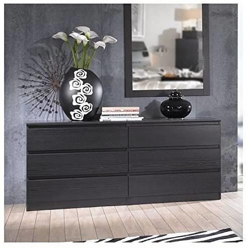 Modern 6 Drawer Double Dresser in Black Woodgrain Finish - PRHOMZ