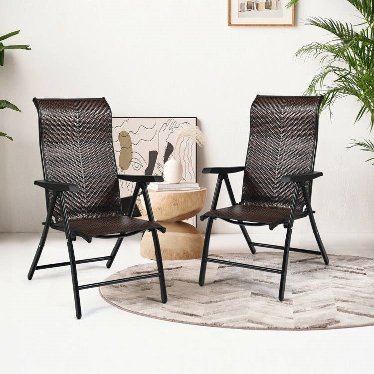 Outdoor Folding Steel Frame Rattan Patio Chair with Armrest in Brown-2