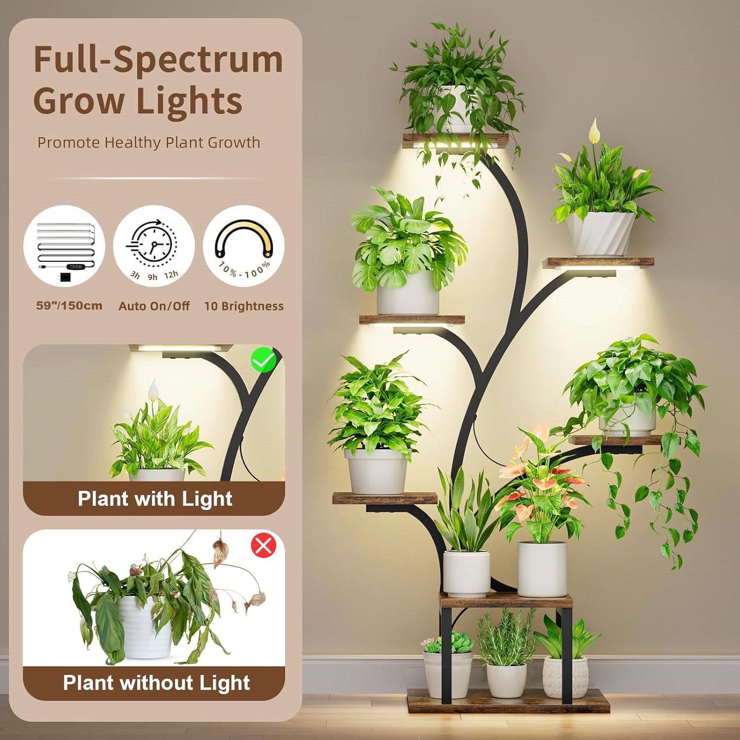 Modern 49-inch Tall Indoor Plant Stand Display Shelf with Grow Lights-3