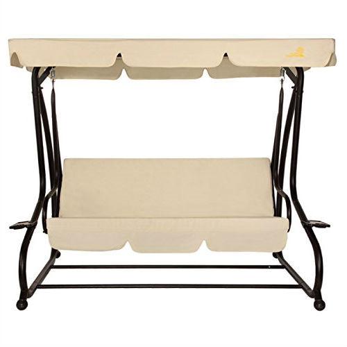 Outdoor 3-Seat Canopy Swing with Beige Cushions for Patio Deck or Porch - PRHOMZ