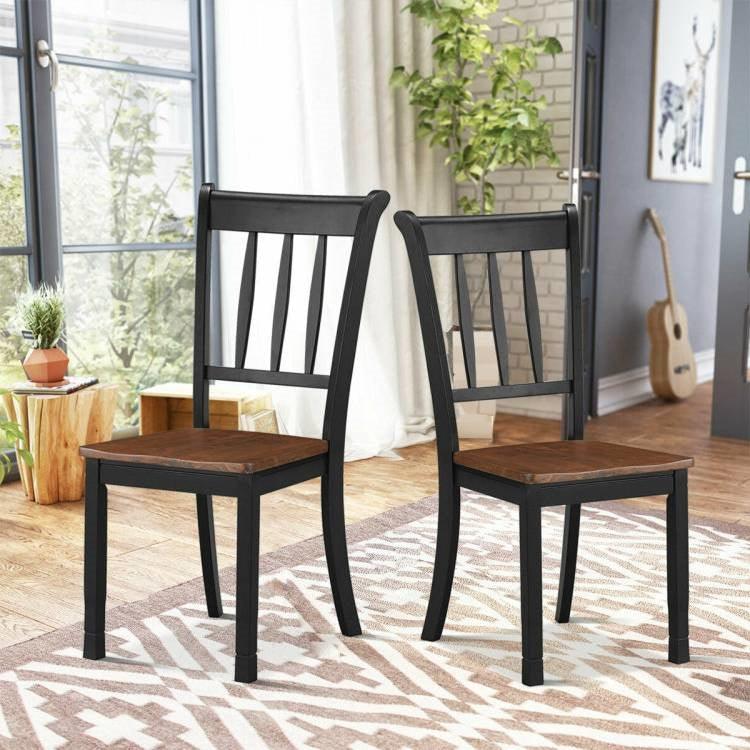 Set of 2 Solid Wood Black Mission Style Armless Dining Chairs with Brown Seat - PRHOMZ