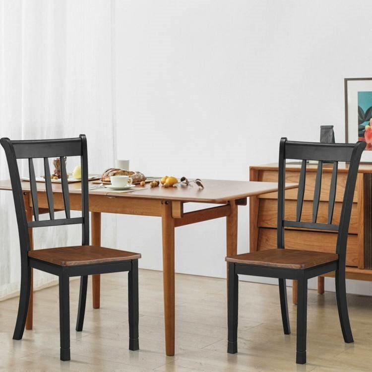 Set of 2 Solid Wood Black Mission Style Armless Dining Chairs with Brown Seat - PRHOMZ
