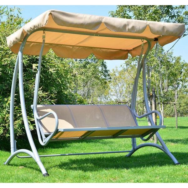 Sturdy 3-Person Outdoor Patio Porch Canopy Swing in Sand Color - PRHOMZ