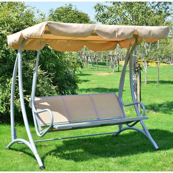 Sturdy 3-Person Outdoor Patio Porch Canopy Swing in Sand Color - PRHOMZ