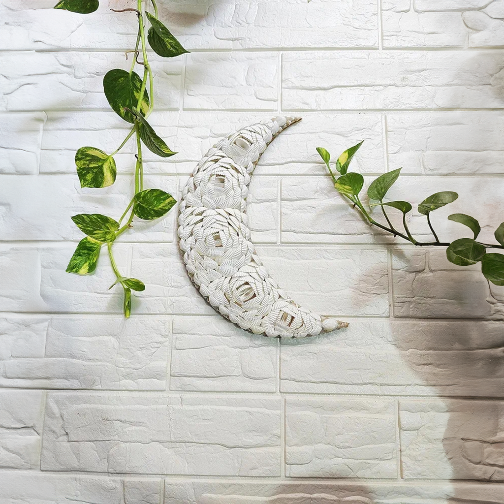 Handmade Seashell Moon Wall Art - 12" Crescent Moon Decor - Coastal Style-2
