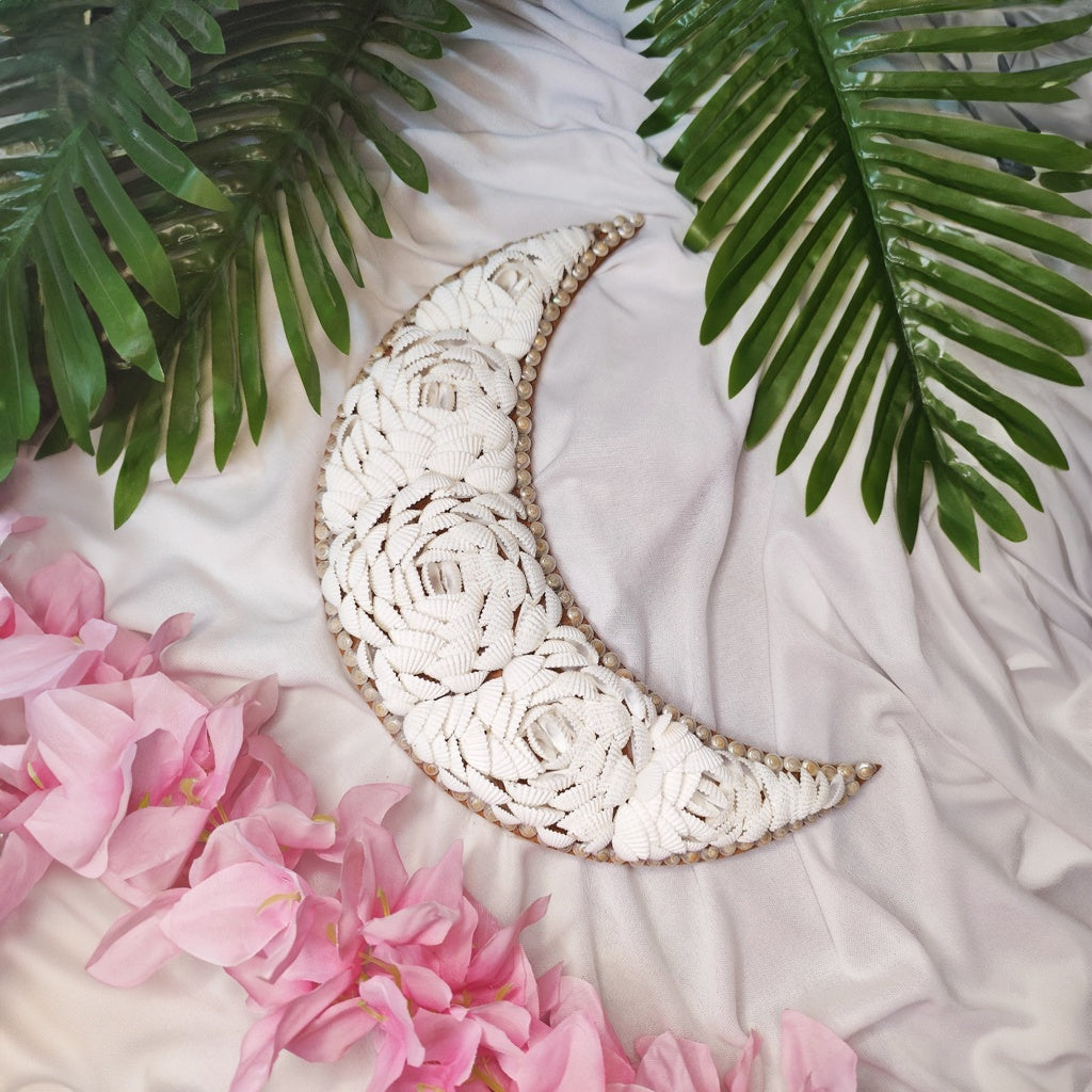 Handmade Seashell Moon Wall Art - 12" Crescent Moon Decor - Coastal Style-1