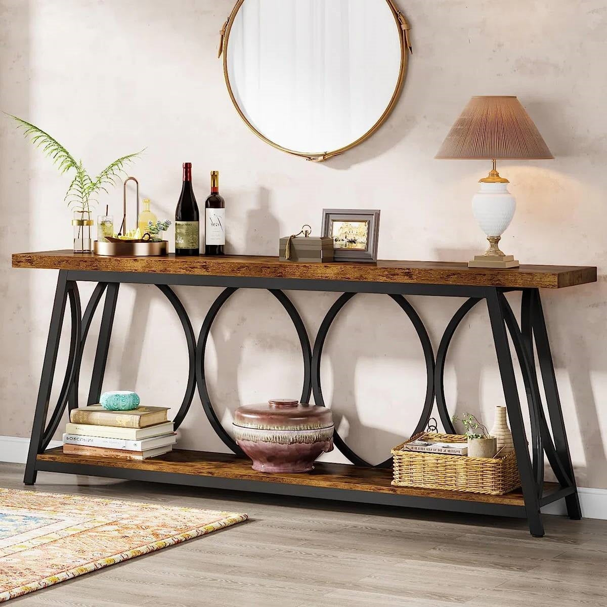 Industrial 70-in. Brown Wood Top Console Table with Heavy Duty Black Metal Frame-2