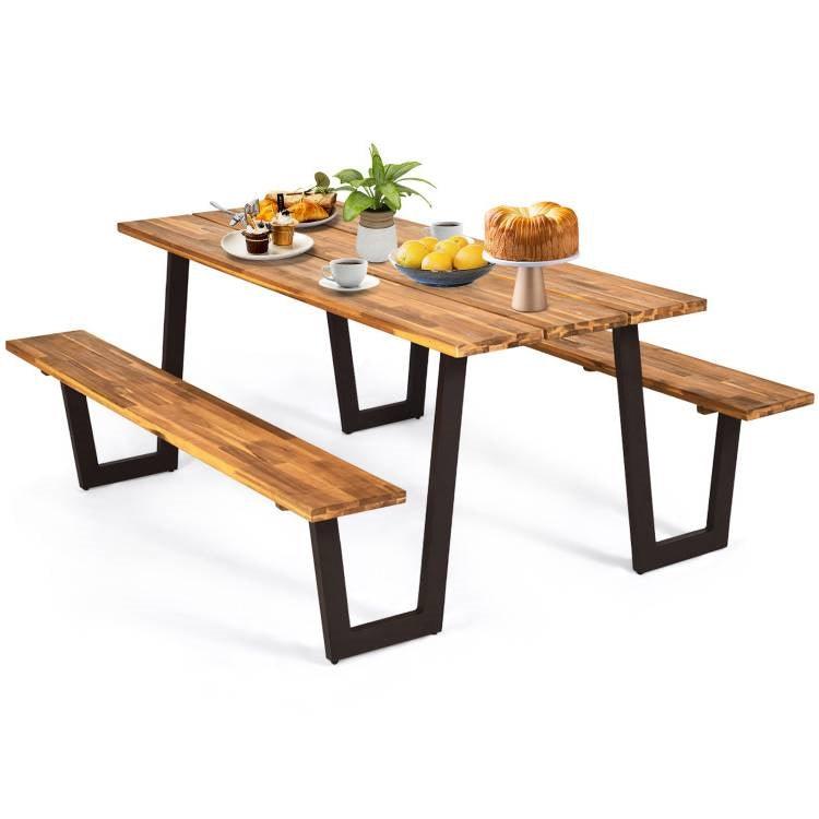 Modern Wooden Picnic Table with 2 Benches – Outdoor Patio Dining Set - PRHOMZ