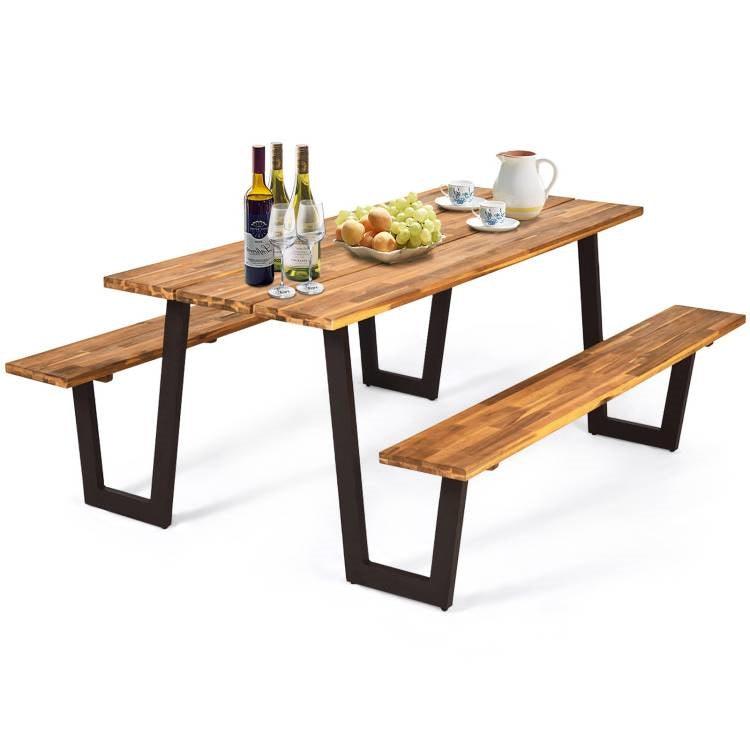 Modern Wooden Picnic Table with 2 Benches – Outdoor Patio Dining Set - PRHOMZ