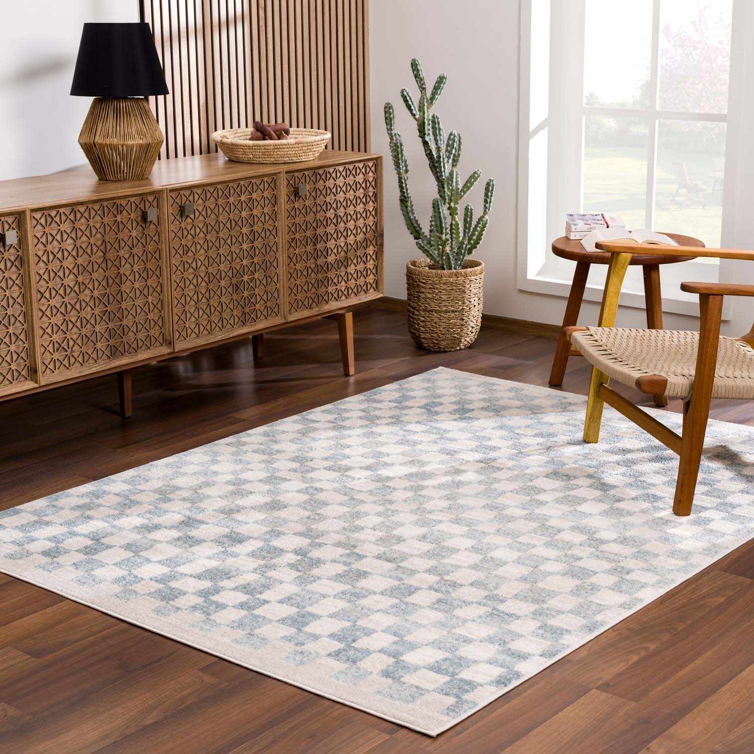 Benjy Cream & Light Blue Checkered Area Rug