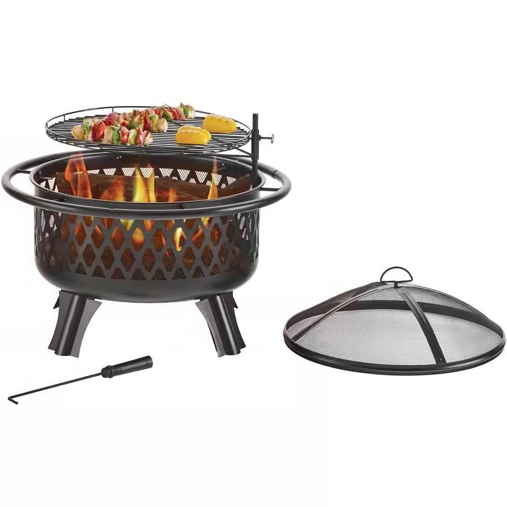 30-inch Black Steel Outdoor Fire Pit Grill with Screen and Poker - PRHOMZ