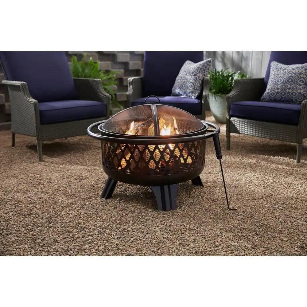 30-inch Black Steel Outdoor Fire Pit Grill with Screen and Poker - PRHOMZ