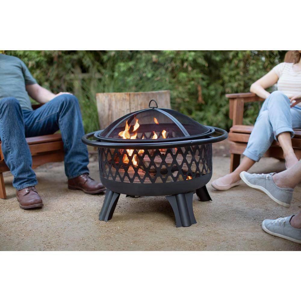 30-inch Black Steel Outdoor Fire Pit Grill with Screen and Poker - PRHOMZ