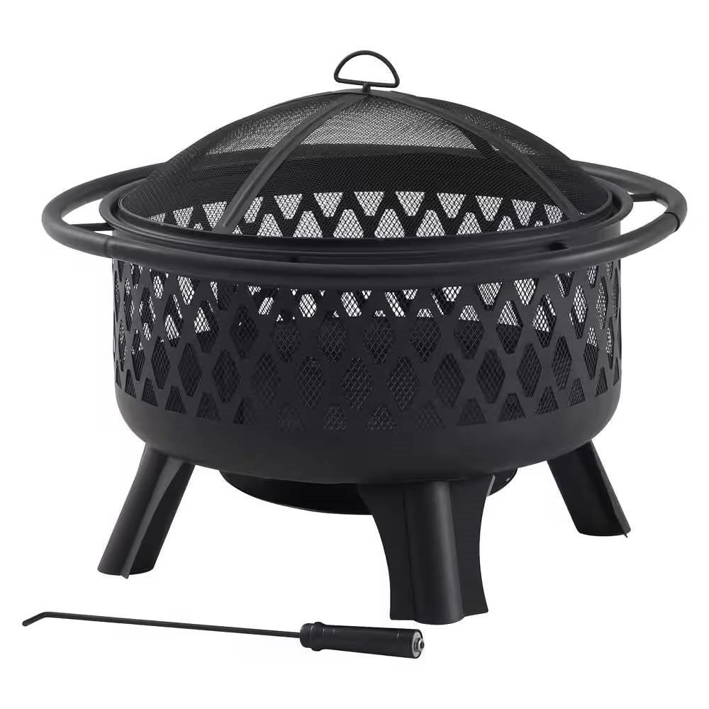 30-inch Black Steel Outdoor Fire Pit Grill with Screen and Poker - PRHOMZ