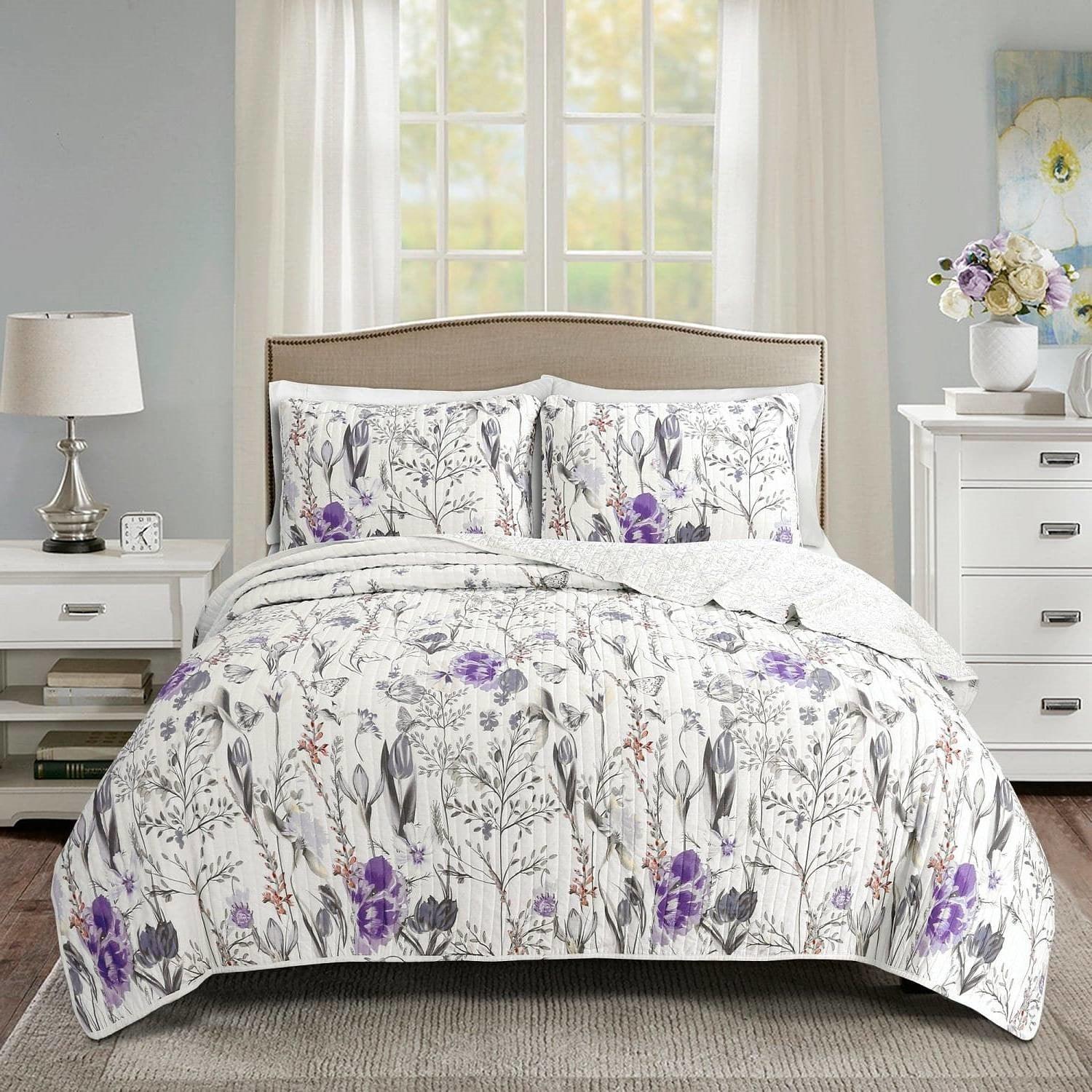 Full/Queen Size Lightweight Purple Grey White Floral Quilt Set - PRHOMZ