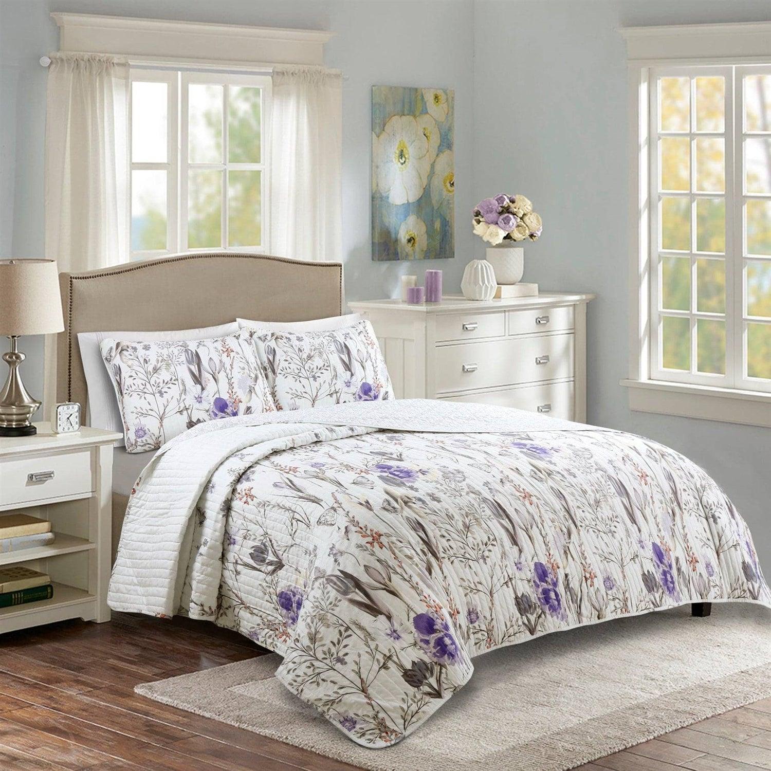 Full/Queen Size Lightweight Purple Grey White Floral Quilt Set - PRHOMZ