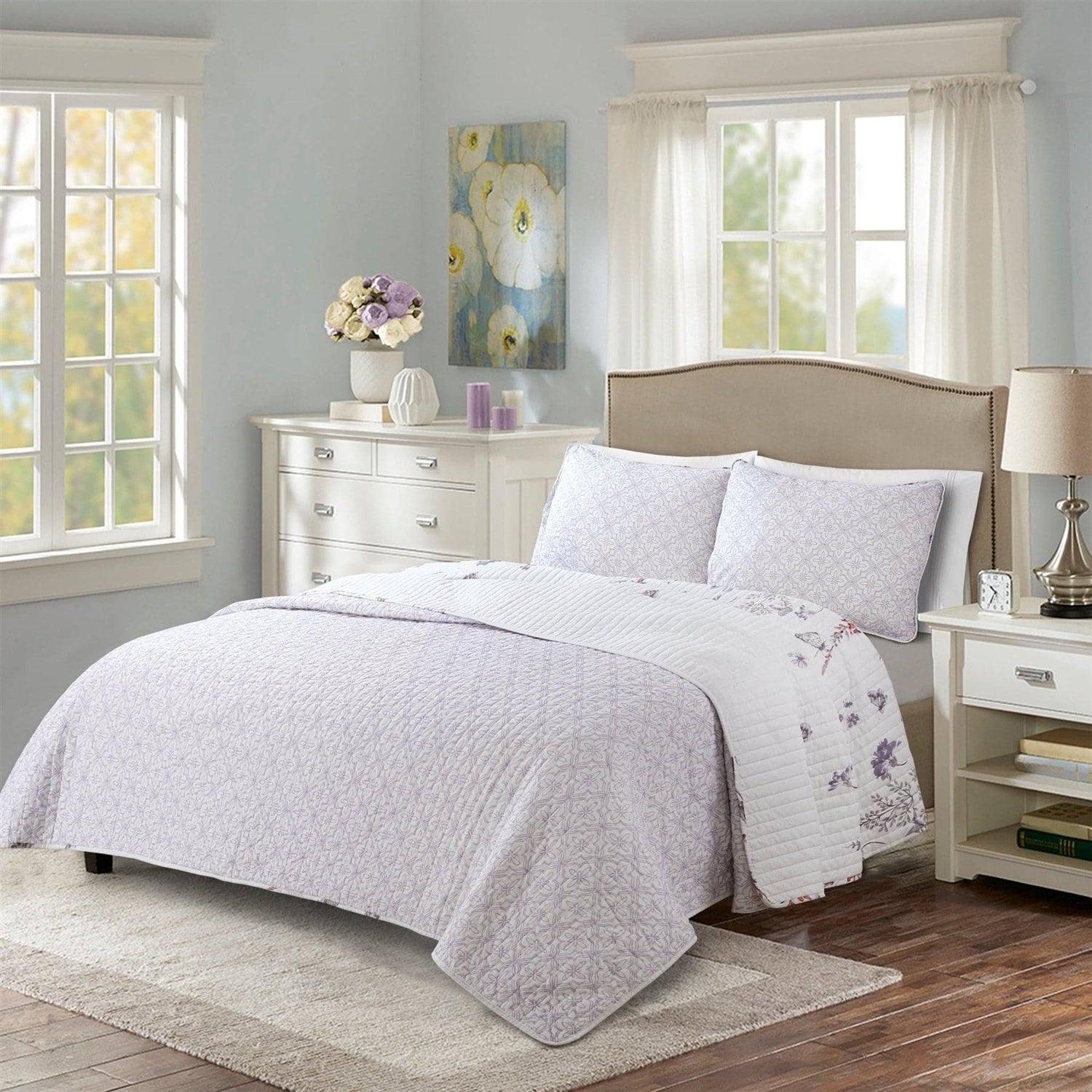 Full/Queen Size Lightweight Purple Grey White Floral Quilt Set - PRHOMZ