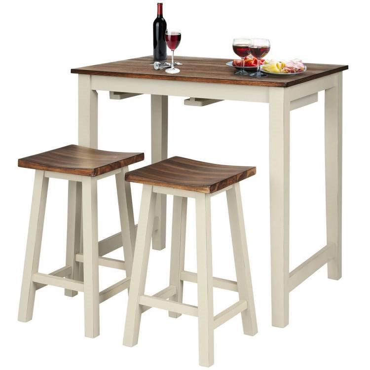 3 Piece Farmhouse Counter Height Kitchen Pub Table Set with 2 Saddle Bar Stools - PRHOMZ