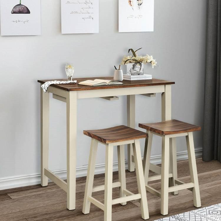 3 Piece Farmhouse Counter Height Kitchen Pub Table Set with 2 Saddle Bar Stools - PRHOMZ