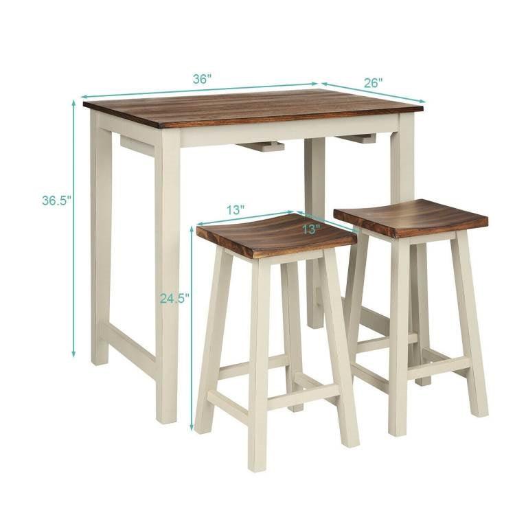 3 Piece Farmhouse Counter Height Kitchen Pub Table Set with 2 Saddle Bar Stools - PRHOMZ