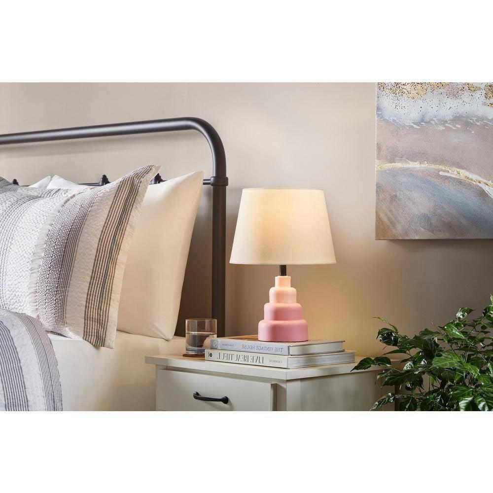 Small Pink Desk Light Table Lamp with White Fabric Shade for Bedside Nightstand - PRHOMZ