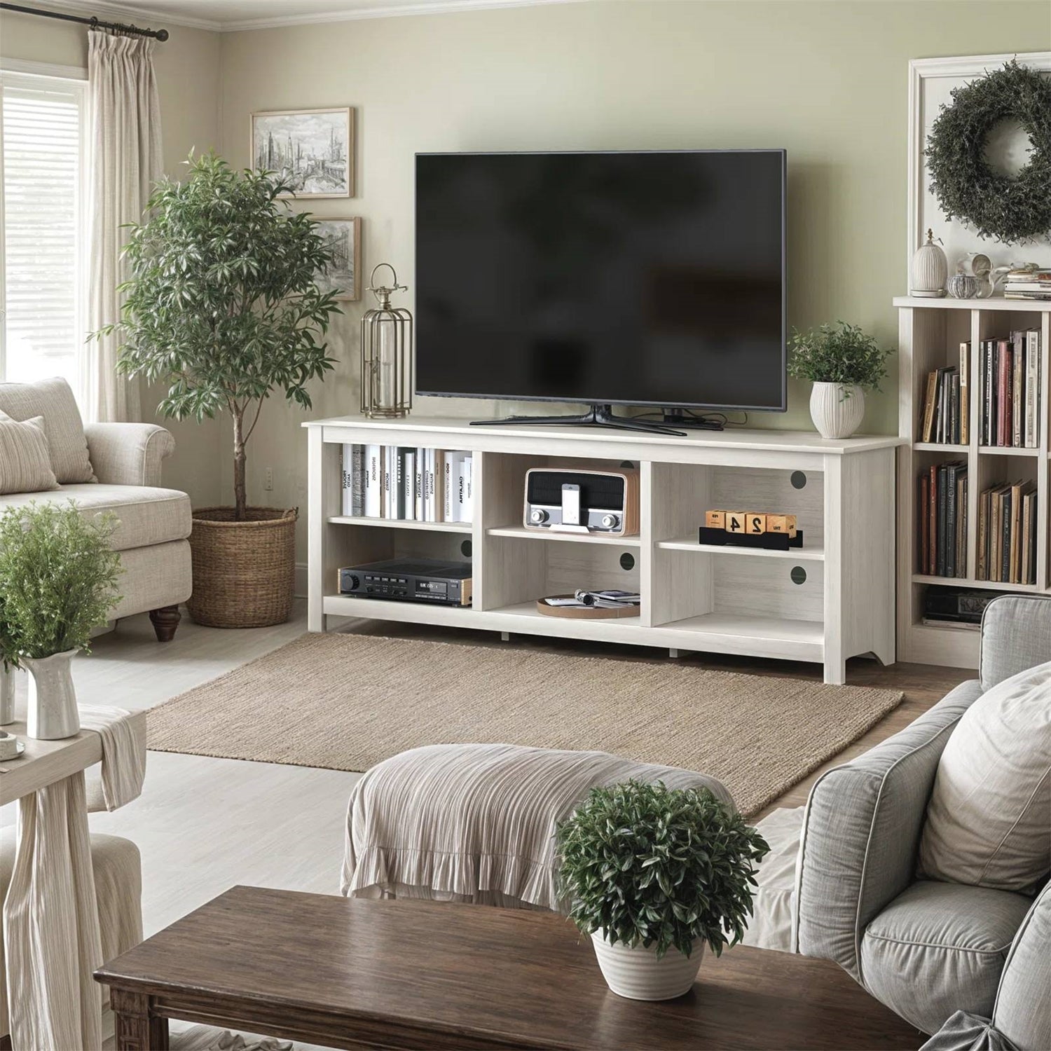 Farmhouse TV Stand in White Wood Grain Finish - for TVs up to 70-inch-1