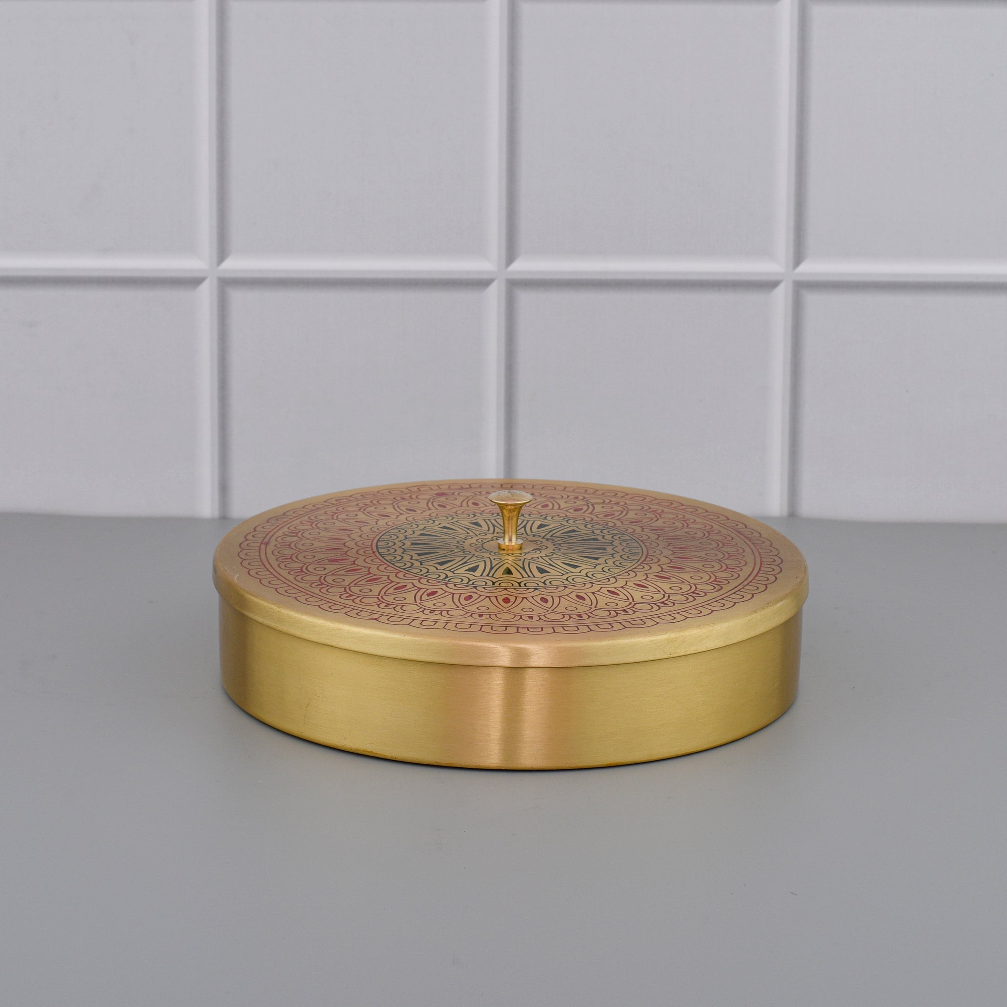8" Brass Masala Box / Spice Box with Spoon - Red Mandala-1