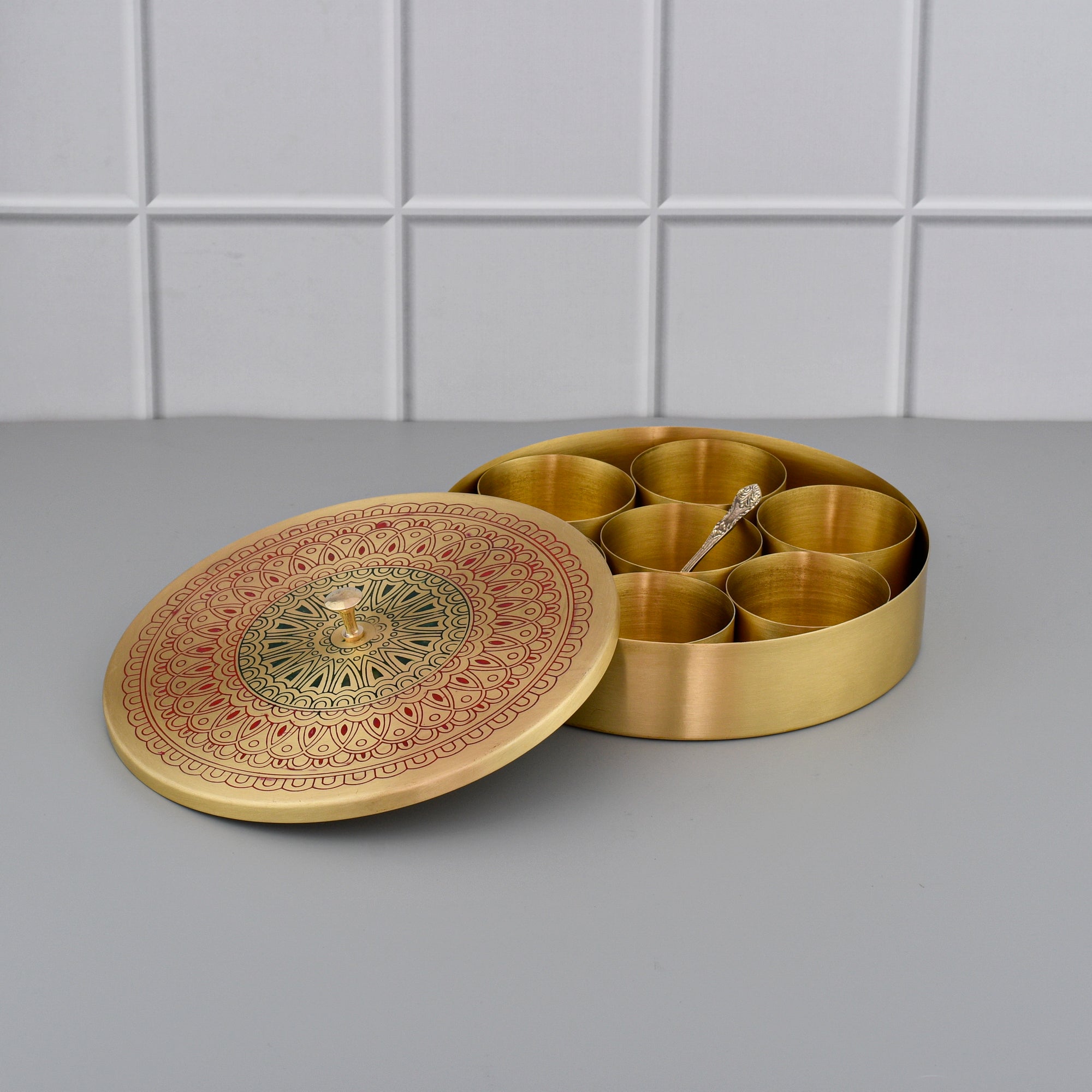 8" Brass Masala Box / Spice Box with Spoon - Red Mandala-0