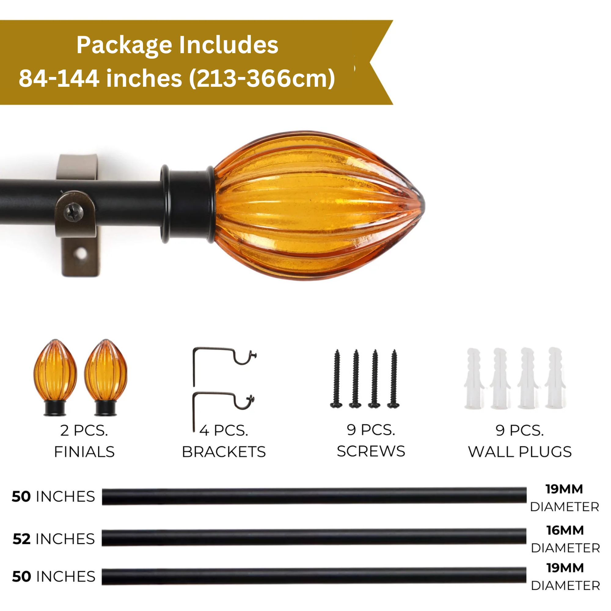 Black Extendable Telescopic Curtain Pole | Rod With Marbled Ball Finials | 61-366cm-4