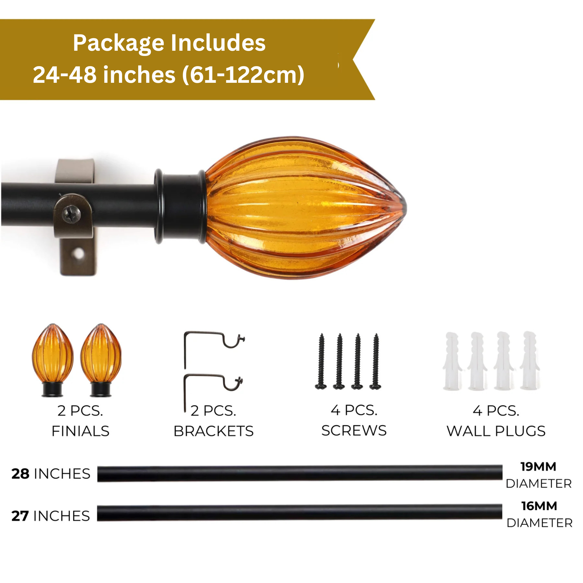 Black Extendable Curtain Pole | 19mm | Coral Glass Finials | 61-366cm-2