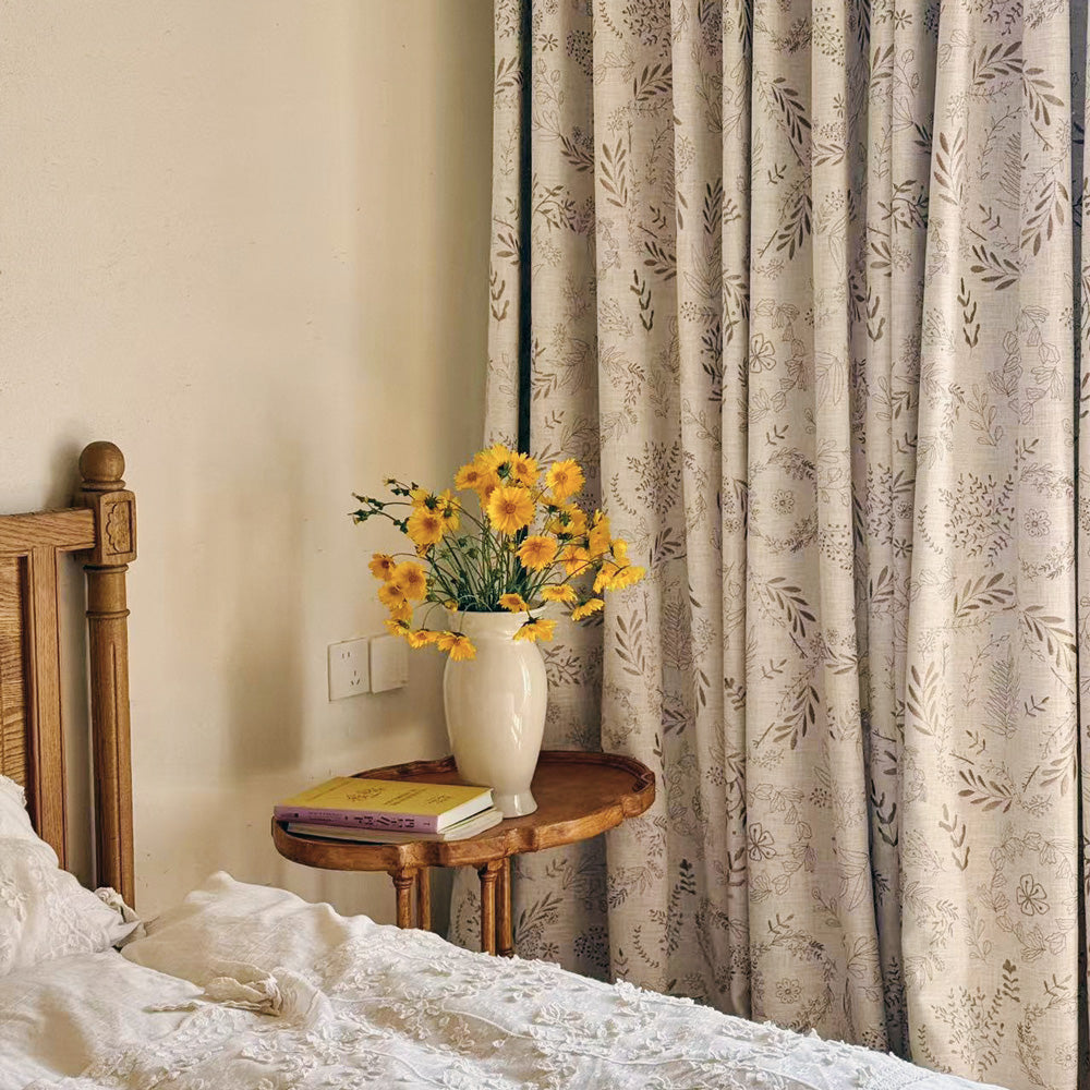 Peggy Subtle Leaf Linen Embroidered Curtains